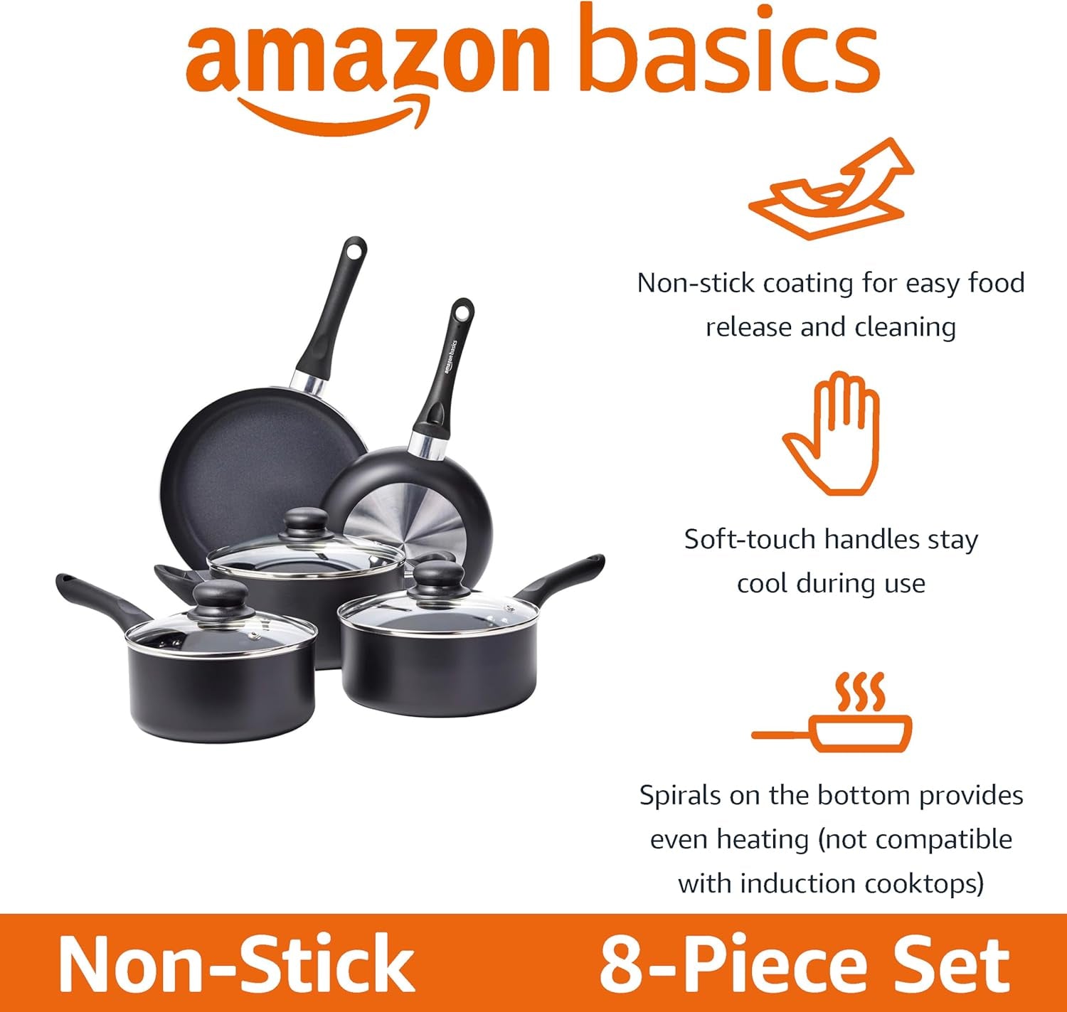 Non Stick Kitchen Cookware 8-Piece Set, Non-Induction, Includes Pots and Pans, Black