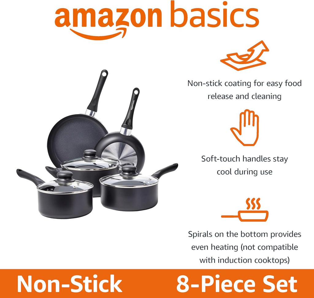 Non Stick Kitchen Cookware 8-Piece Set, Non-Induction, Includes Pots and Pans, Black