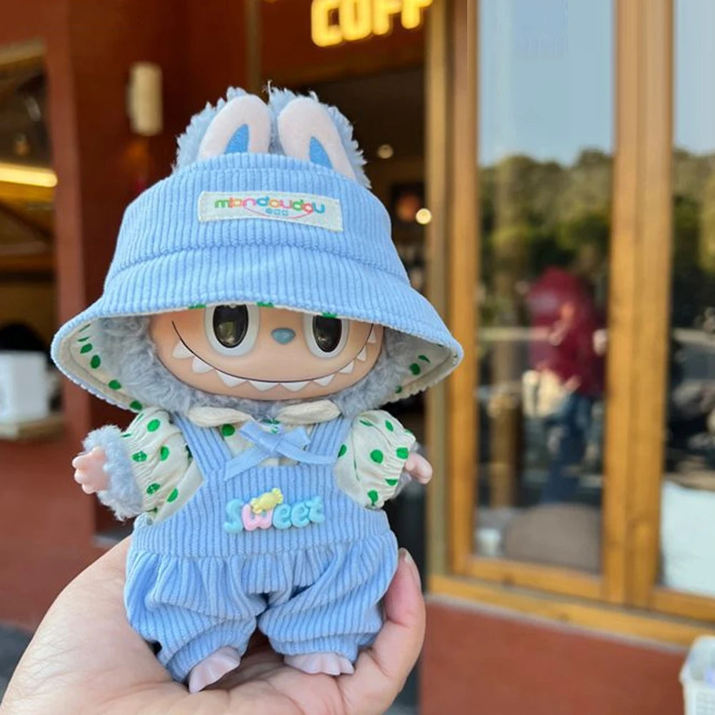 17Cm Mini Doll'S Clothes Outfit Accessories for Korea Kpop Exo Labubu Idol V1 V2 Striped Sweater Overalls Glasses Hat Clothing