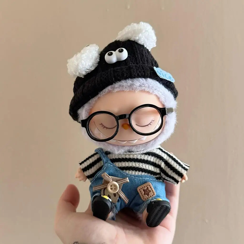 17Cm Mini Doll'S Clothes Outfit Accessories for Korea Kpop Exo Labubu Idol V1 V2 Striped Sweater Overalls Glasses Hat Clothing