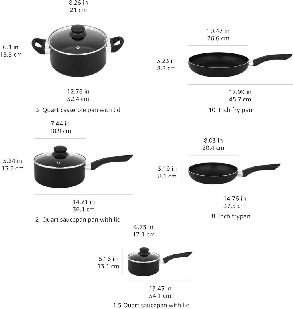 Non Stick Kitchen Cookware 8-Piece Set, Non-Induction, Includes Pots and Pans, Black
