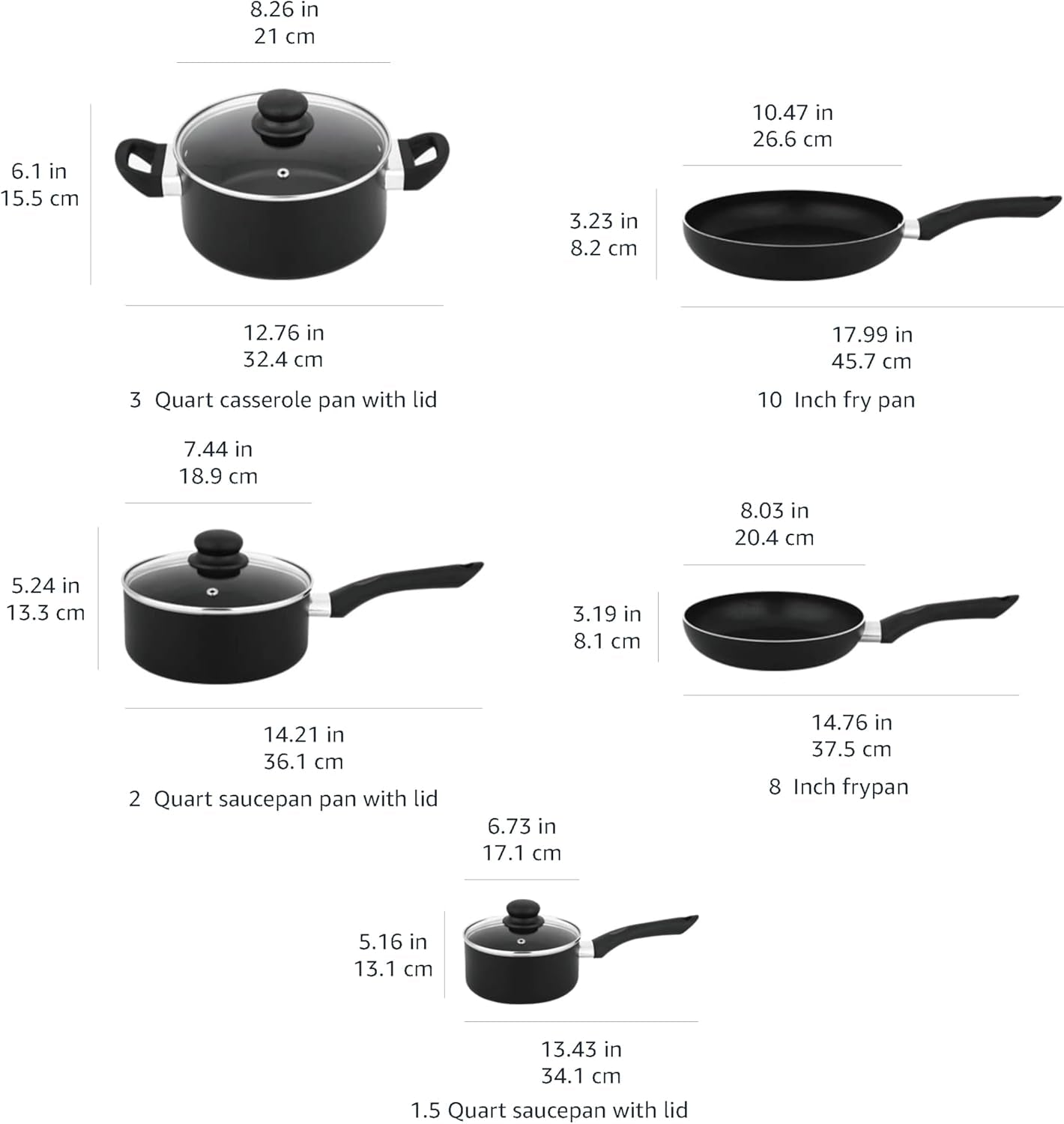 Non Stick Kitchen Cookware 8-Piece Set, Non-Induction, Includes Pots and Pans, Black