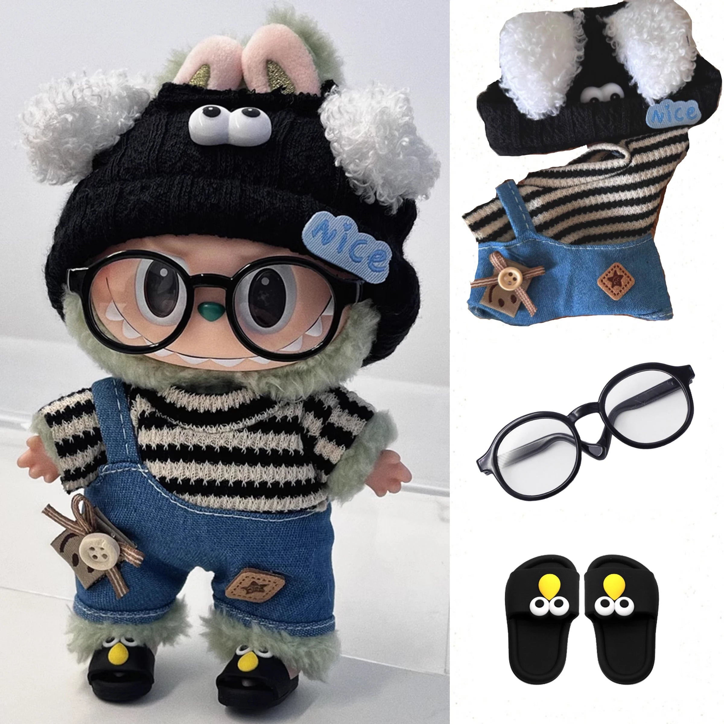 17Cm Mini Doll'S Clothes Outfit Accessories for Korea Kpop Exo Labubu Idol V1 V2 Striped Sweater Overalls Glasses Hat Clothing