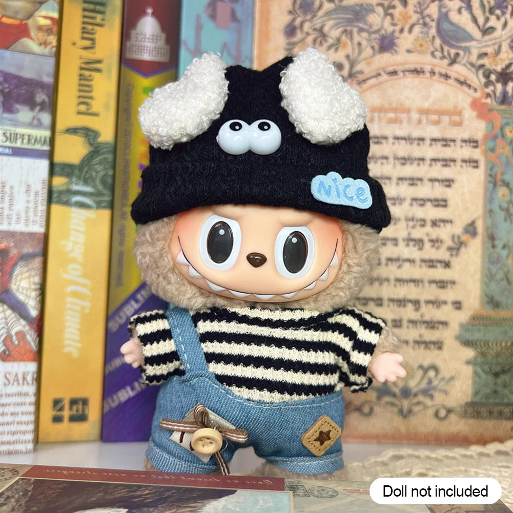 17Cm Mini Doll'S Clothes Outfit Accessories for Korea Kpop Exo Labubu Idol V1 V2 Striped Sweater Overalls Glasses Hat Clothing