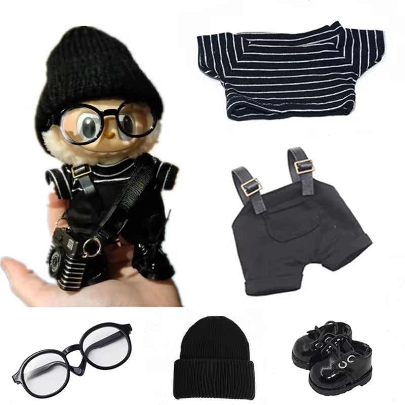 17Cm Mini Doll'S Clothes Outfit Accessories for Labubu V1 V2 V3 Striped Overalls Hats Glasses Shoes Cool Handsome Clothing Gift